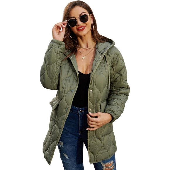 🆕 Women Green Quilted Jacket Hooded Spring Fall light Transitional Puffer Coat - Picture 1 of 6